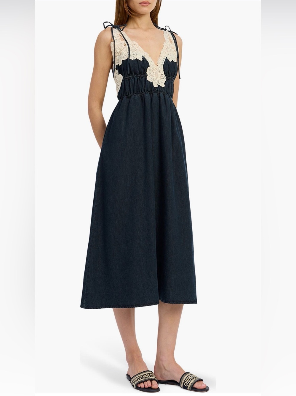 NWOT En Saison Womens Lace Trim Tie Shoulder Denim Natalia Midi Dress Blue XS